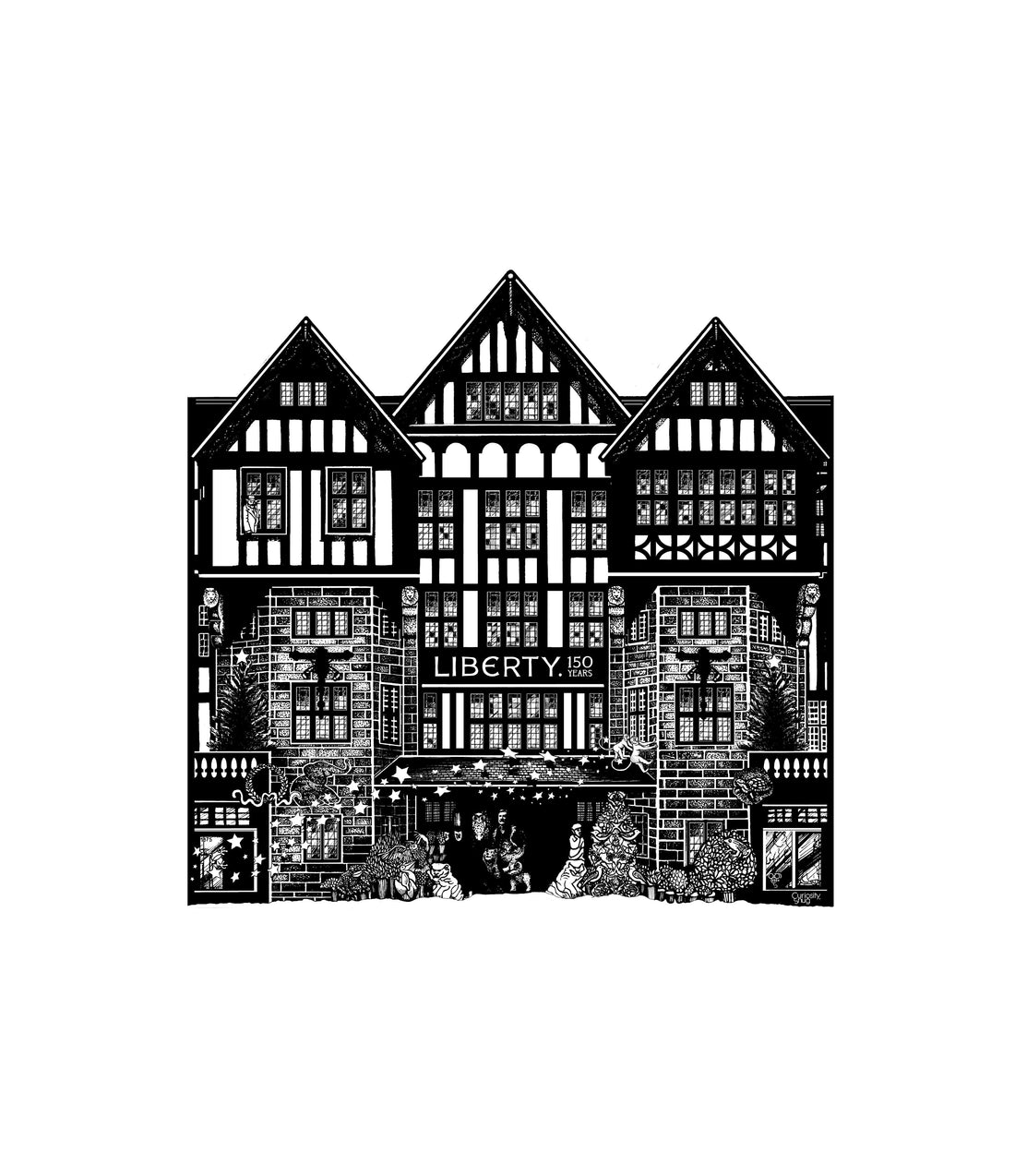 Hand-drawn Liberty London 150th Anniversary Men’s Advent Calendar illustration featuring hidden gems, architectural details and layered storytelling in Curiosity Snug®’s signature perception art style.