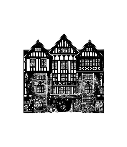 Hand-drawn Liberty London 150th Anniversary Men’s Advent Calendar illustration featuring hidden gems, architectural details and layered storytelling in Curiosity Snug®’s signature perception art style.