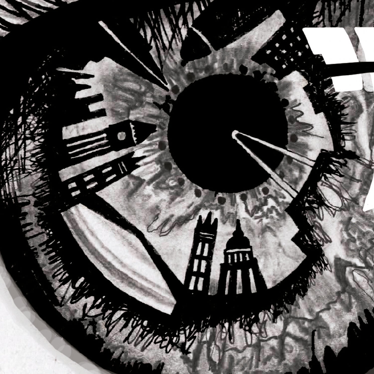 Close-up of the London Eye Series - London City Sky Line in the Iris and pupil of the eye, hidden in plain sight. Limited Edition Prints by Trish Freitas-Berris from Curiosity Snug.  London Perception Artist
