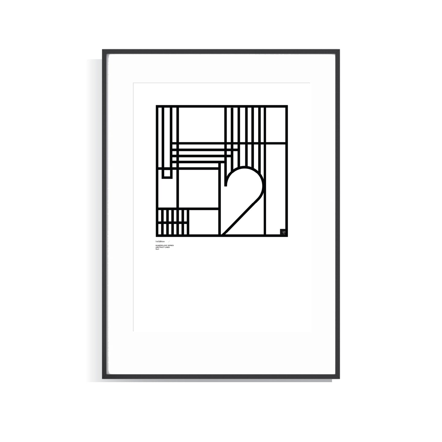 Framed black and white Numerology Number 2 Abstract Limited edition Art Print on a white background