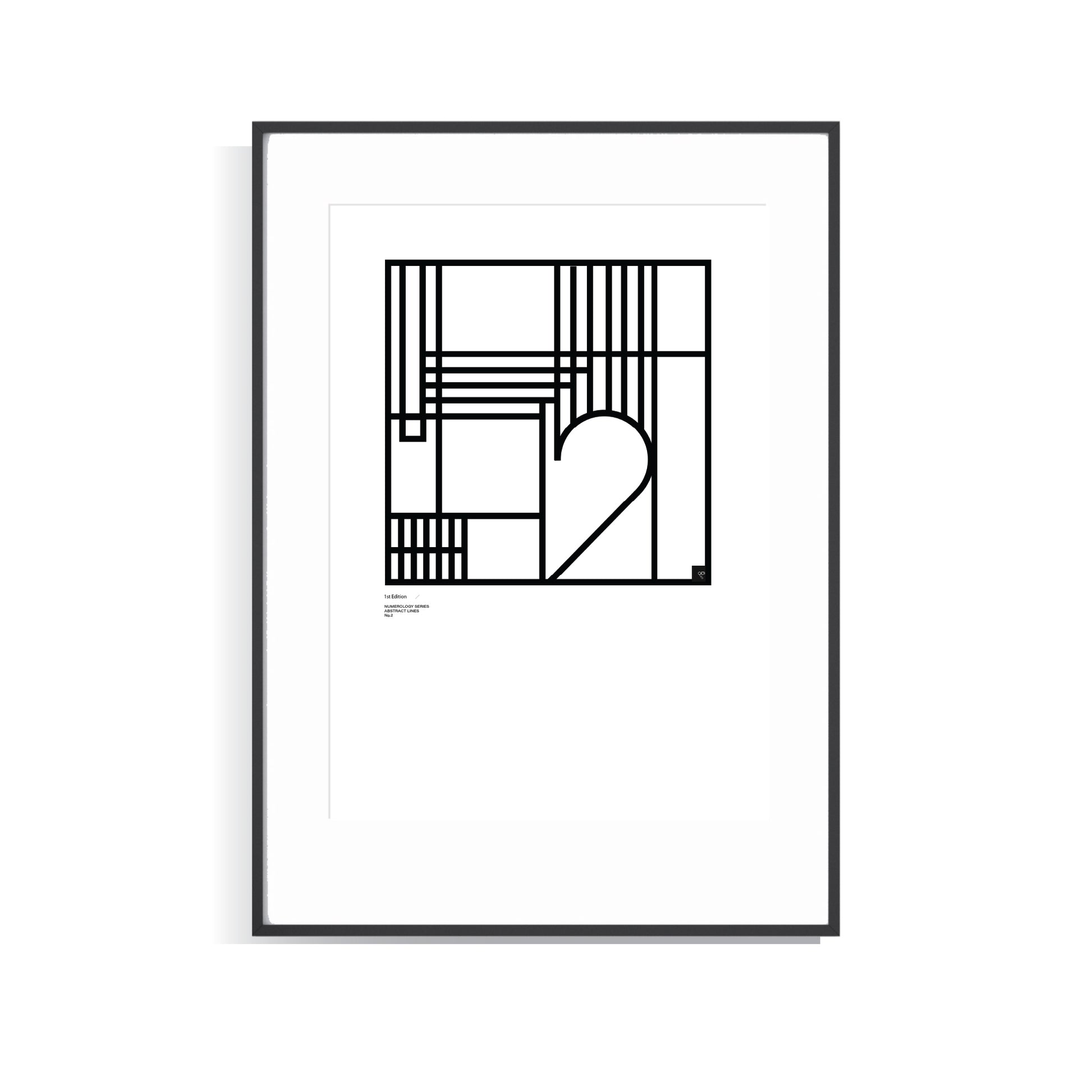 Framed black and white Numerology Number 2 Abstract Limited edition Art Print on a white background