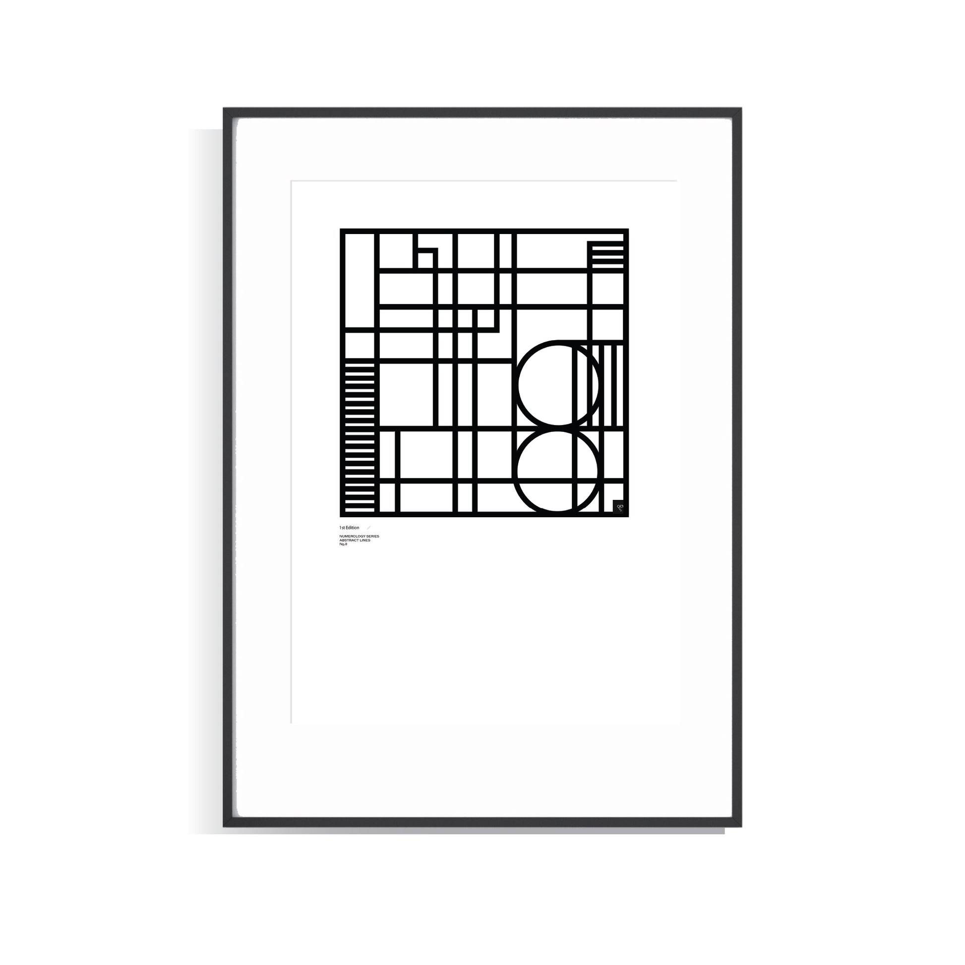 Framed black and white Numerology Number 8 limited edition print on a white background