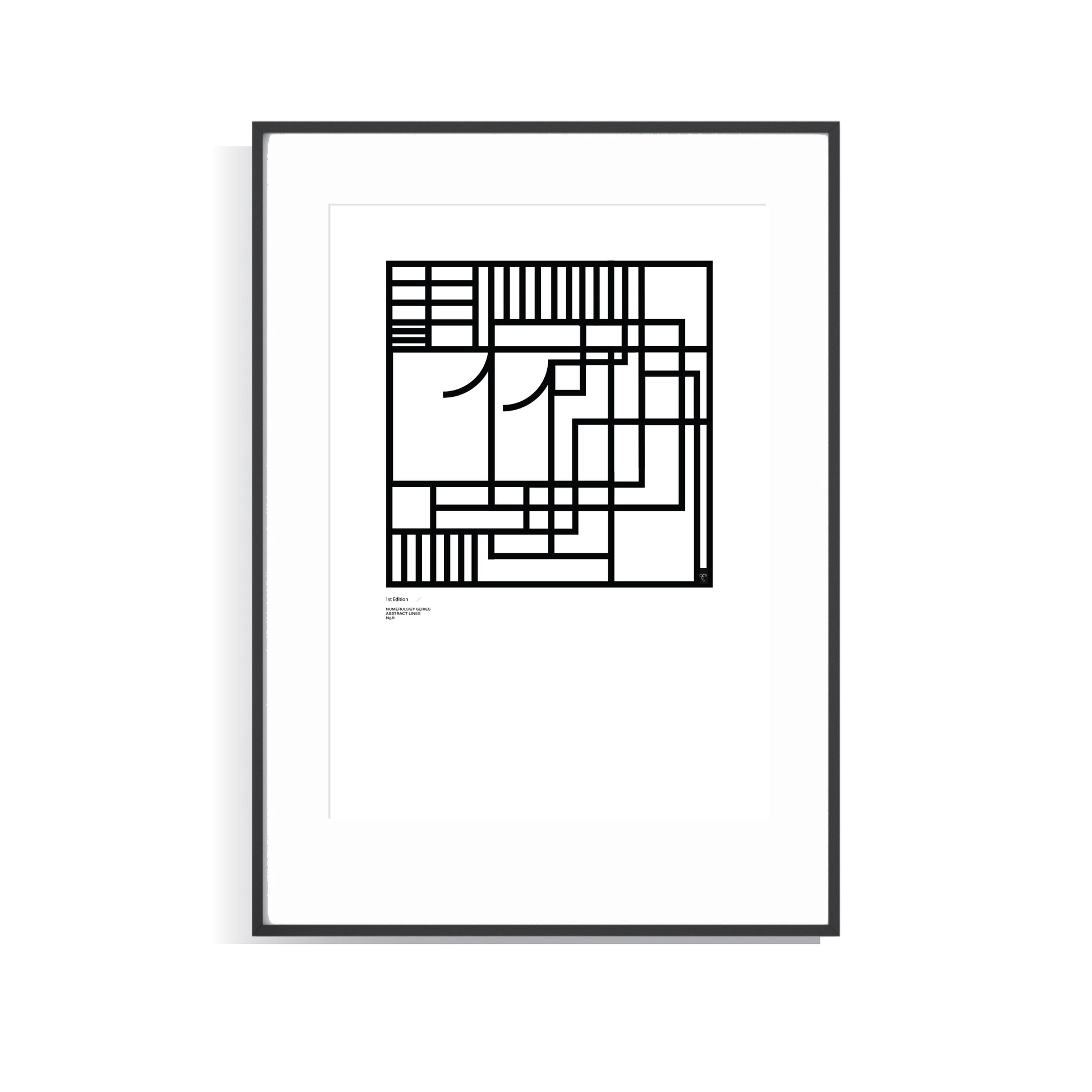 Framed black and white Numerology Number 11 limited edition art print on a white background