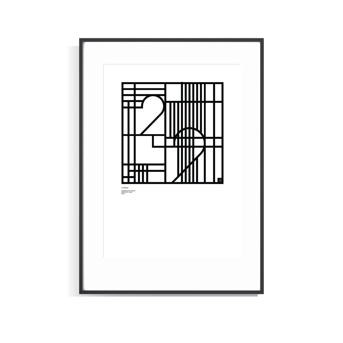 Framed black and white Numerology 22 limited edition  art print on a white background
