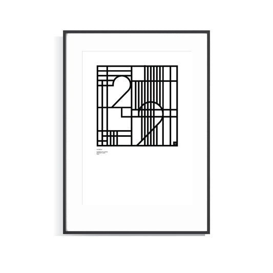Framed black and white Numerology 22 limited edition  art print on a white background
