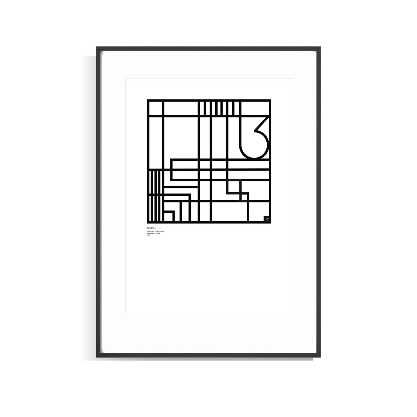 Framed black and white Numerology No.3 abstract Limited Edition art print on a white background