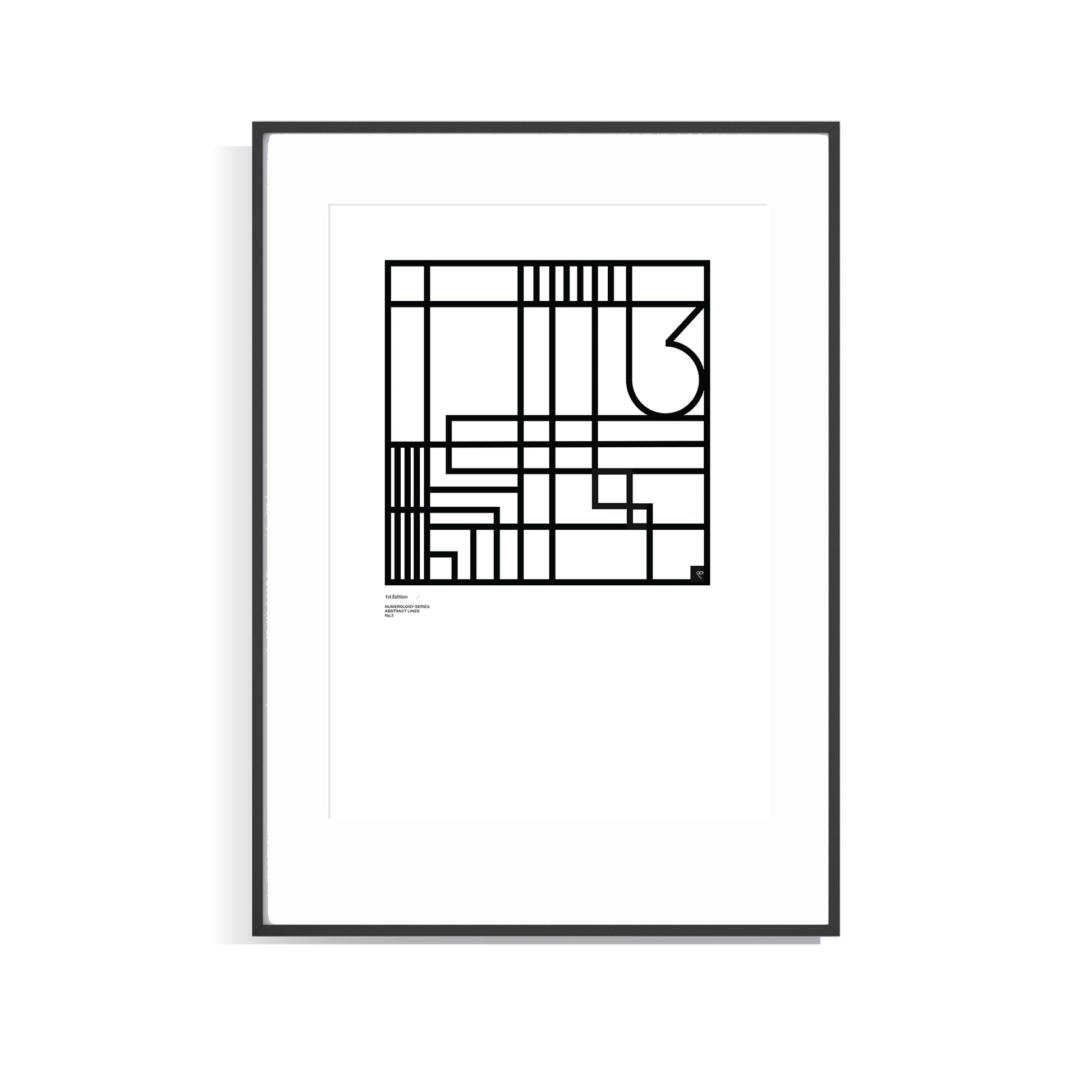 Framed black and white Numerology No.3 abstract Limited Edition art print on a white background