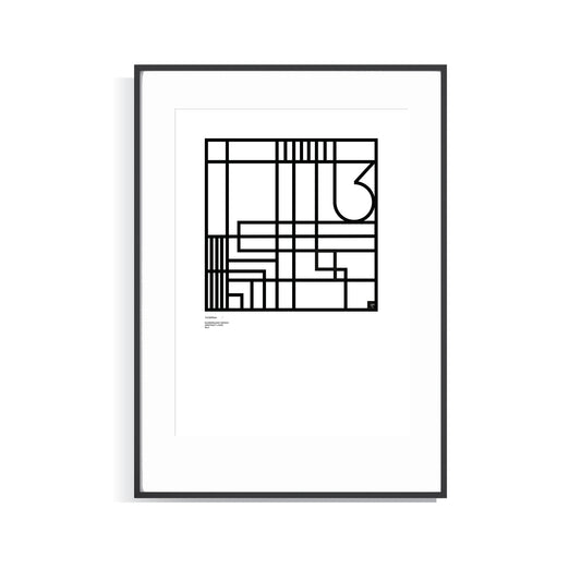Framed black and white Numerology No.3 abstract Limited Edition art print on a white background