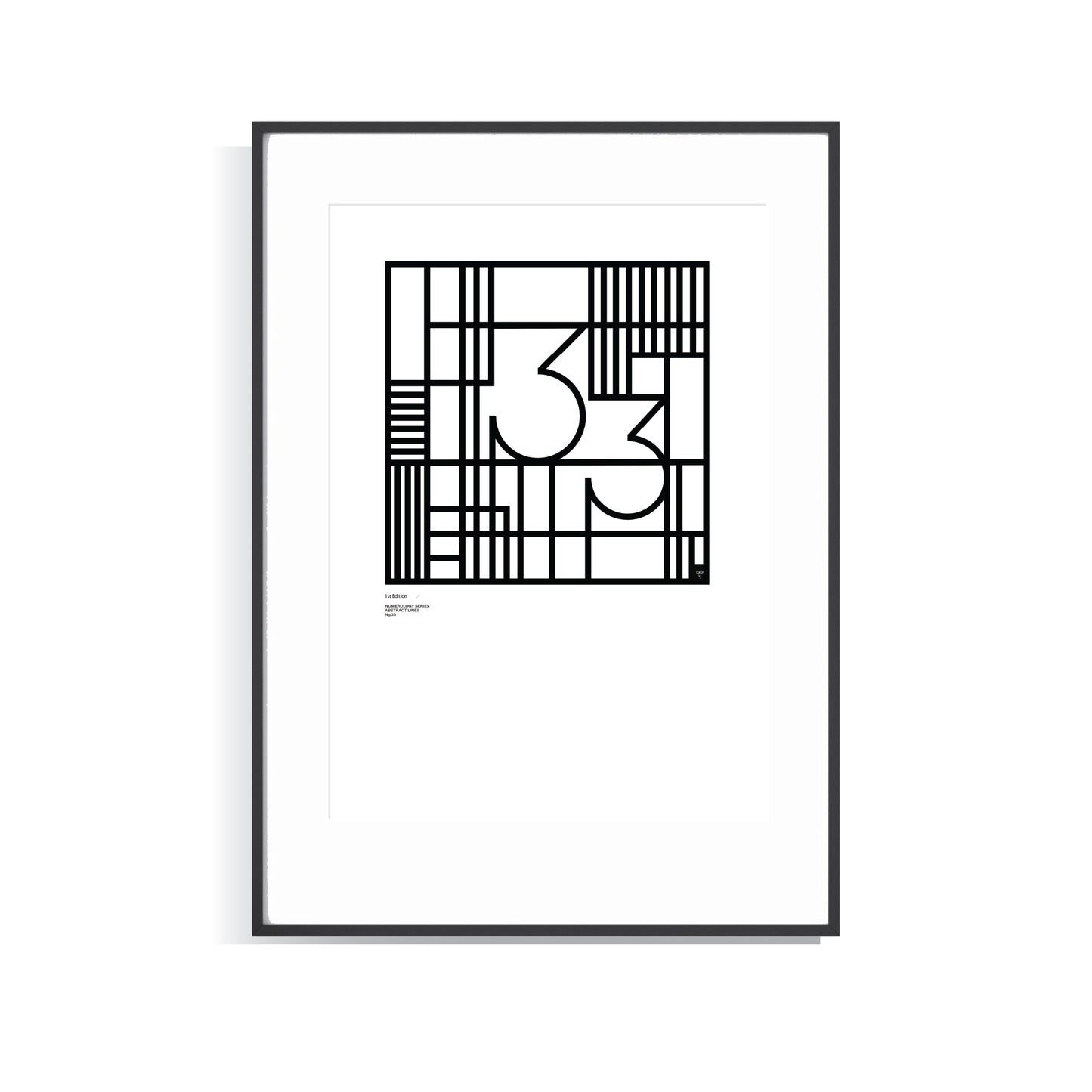 Framed black and white Numerology number 33 limited edition abstract art print on a white background