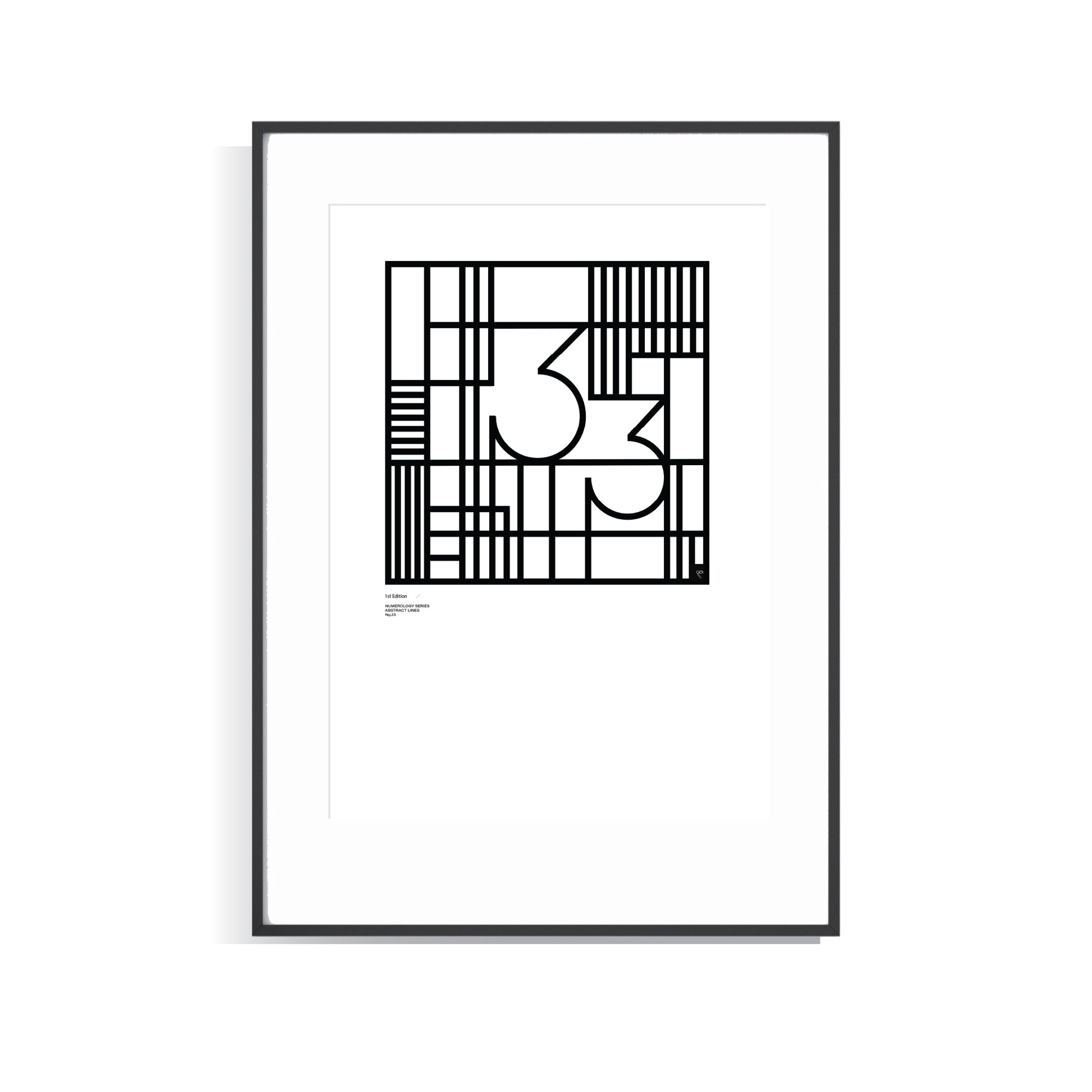 Framed black and white Numerology number 33 limited edition abstract art print on a white background