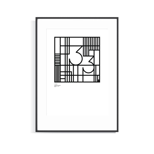 Framed black and white Numerology number 33 limited edition abstract art print on a white background