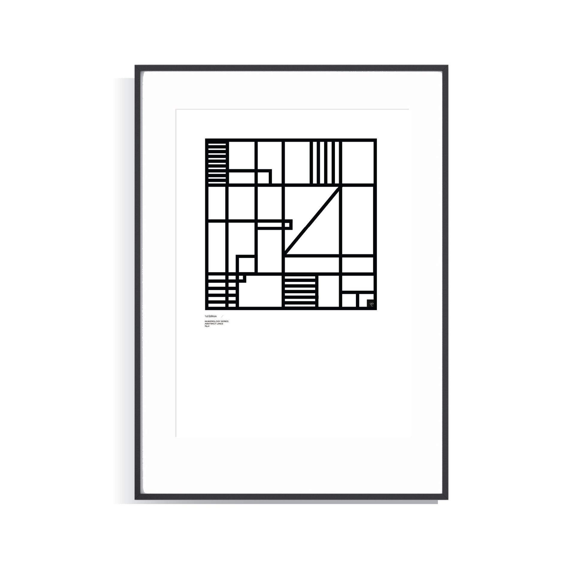 Framed black and white Numerology No.4 abstract Limited Edition framed art print on a white background 