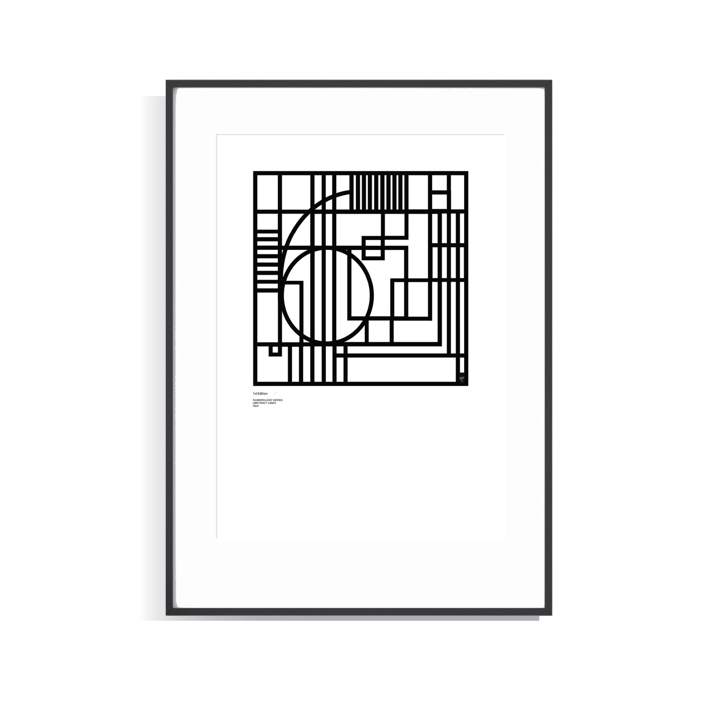 Framed black and white Numerology No.6 limited edition print on a white background