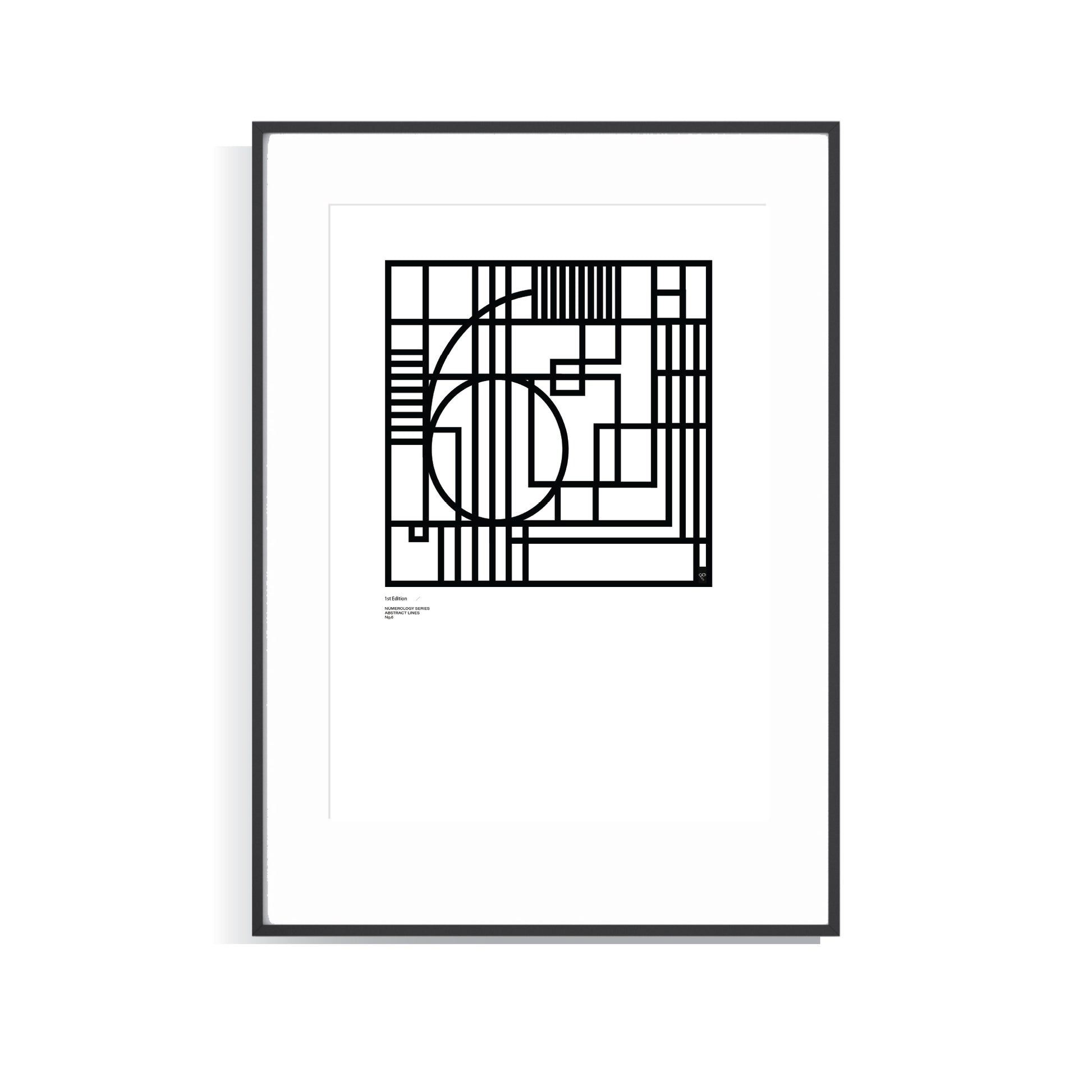 Framed black and white Numerology No.6 limited edition print on a white background