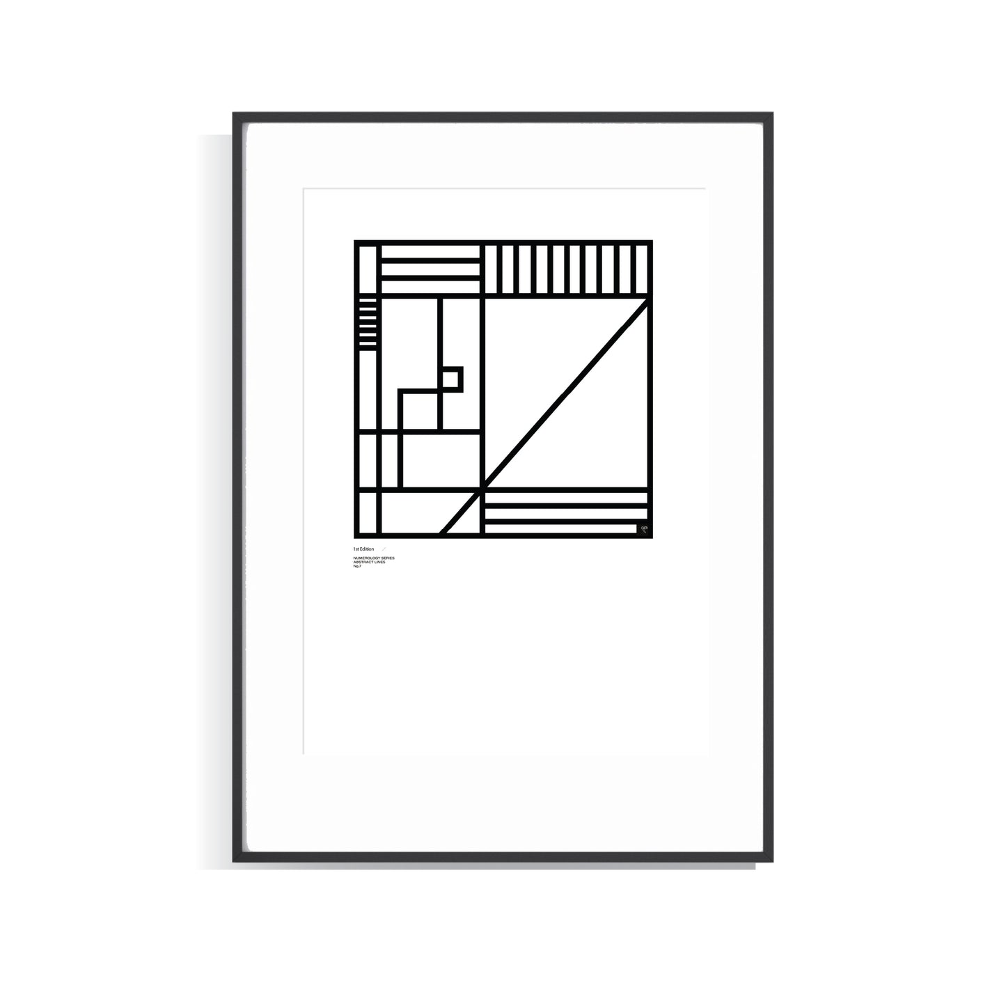Framed black and white Numerology No.7 limited edition art print on a white background