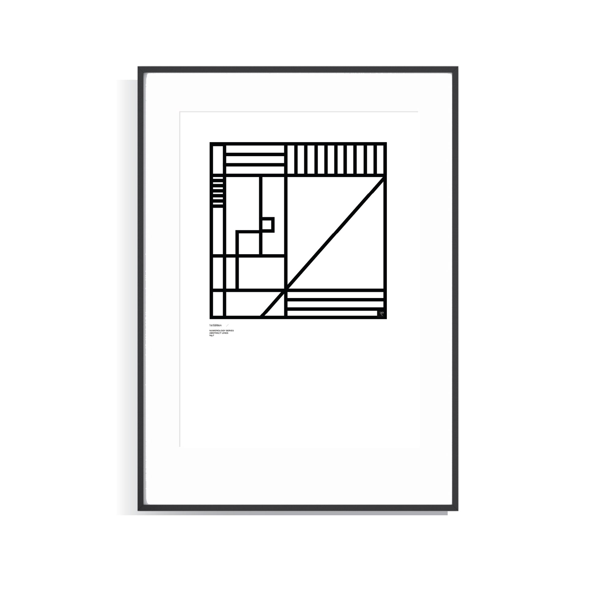 Framed black and white Numerology No.7 limited edition art print on a white background