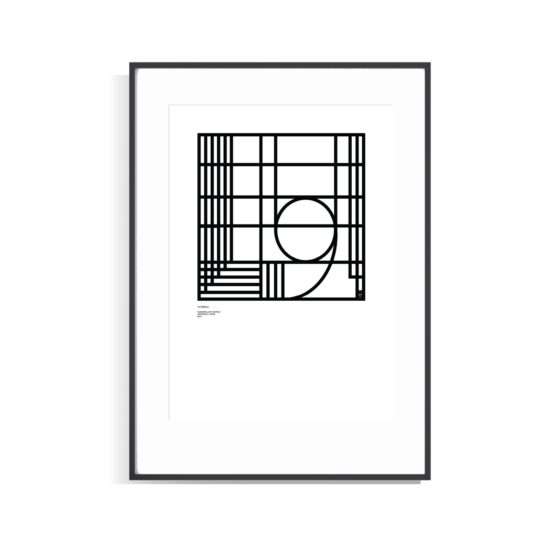 Framed black and white Numerology Number 9, Limited Edition art print on a white background