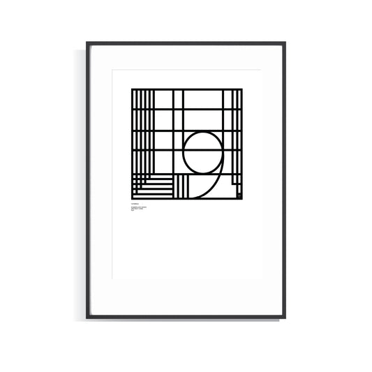 Framed black and white Numerology Number 9, Limited Edition art print on a white background