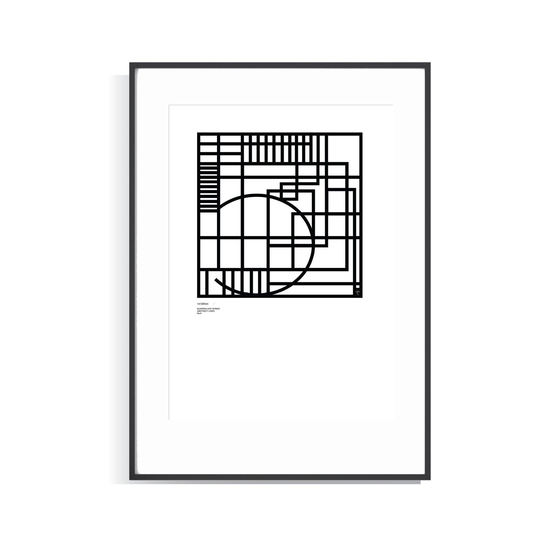 Framed black and white Numerology No.5 Abstract art Limited edition print on a white background