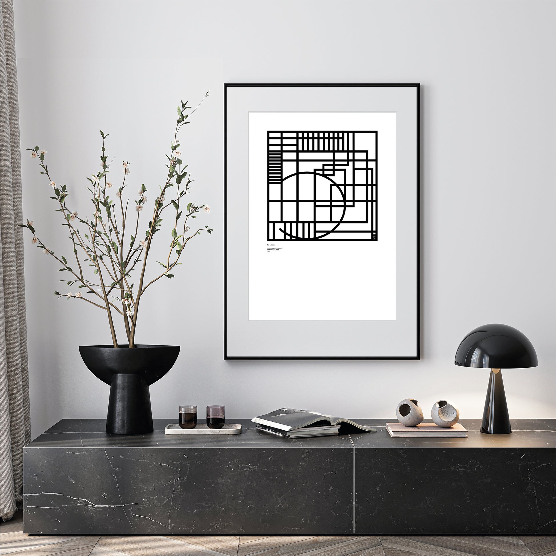 Modern interior with a No. 5 numerology-themed abstract limited-edition framed artwork, plants, and decor items on a console table.