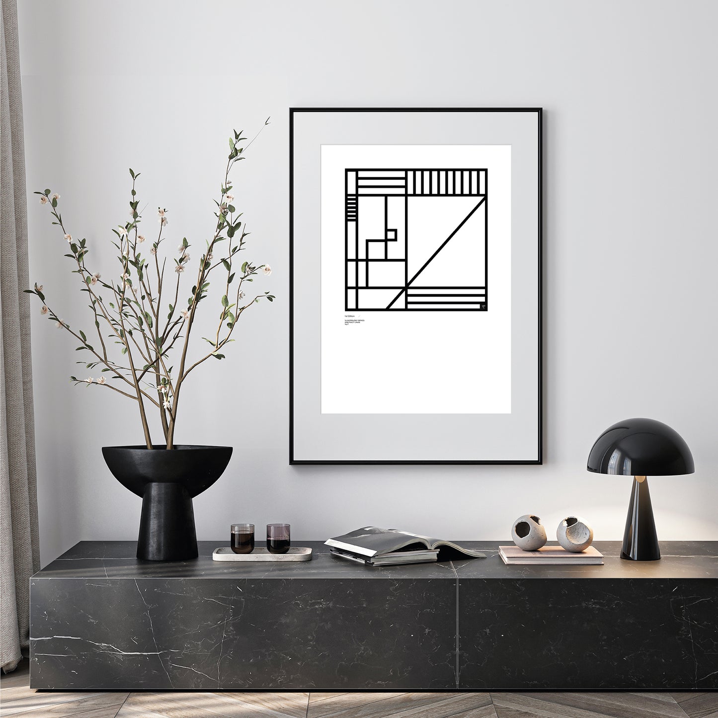 Modern interior with a numerology number 7 limited edition abstract framed art, plants, and decor items on a console table.