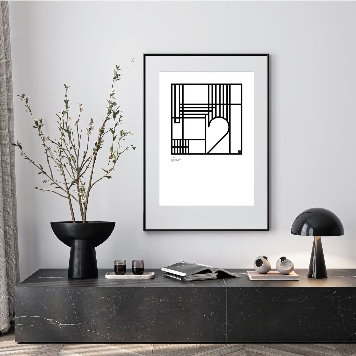Modern interior with a black vase, Numerology Number 2 - abstract art, and decorative items on a shelf.