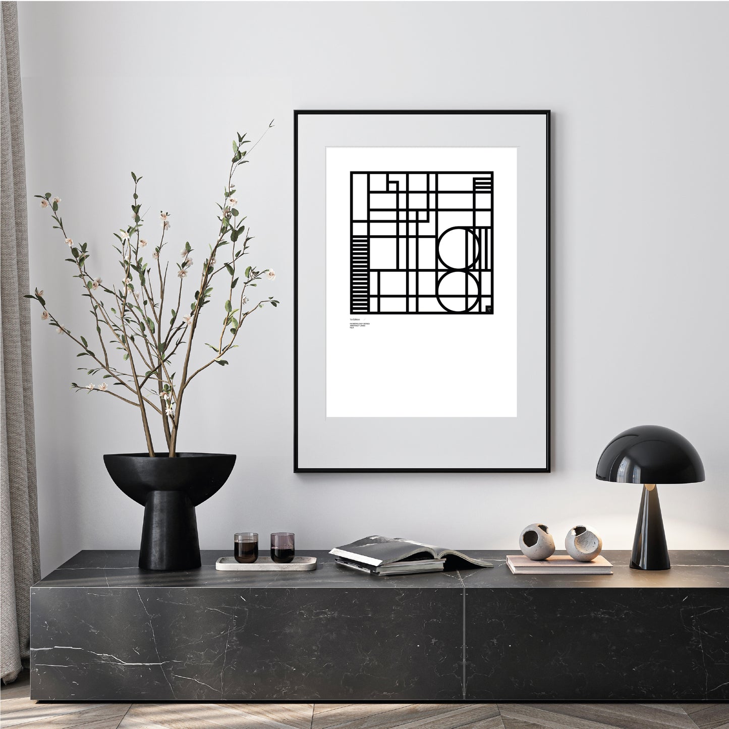 Modern interior with Numerology number 8 abstract limited edition art, plant, and decor items on a shelf.