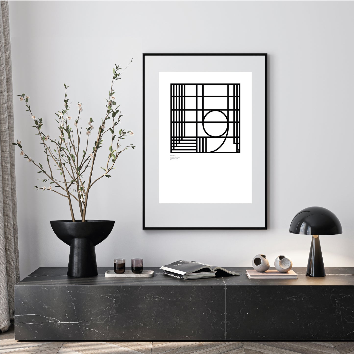 Modern interior with a black and white numerology number 9 abstract limited edition print on a gray wall.