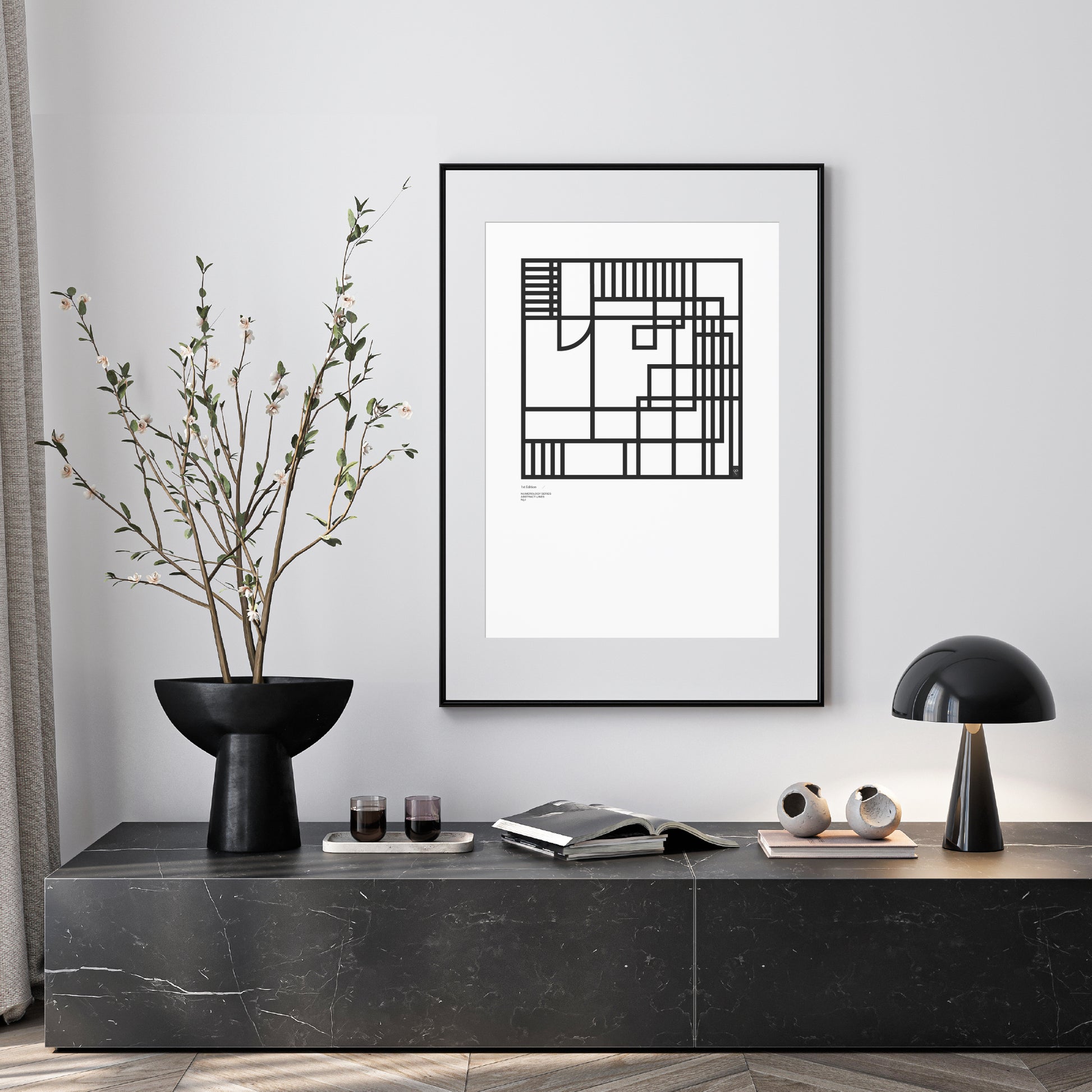 Modern interior with Numerology Series abstract lines number 1, limited edition print, with plants, and decor items on a shelf.