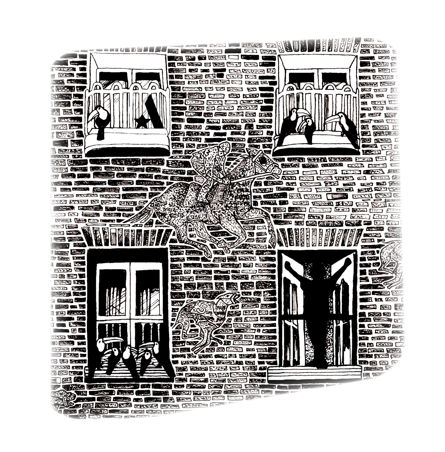 Black and white hand drawn perception art illustration of a London brick building with hidden imagery and layered details